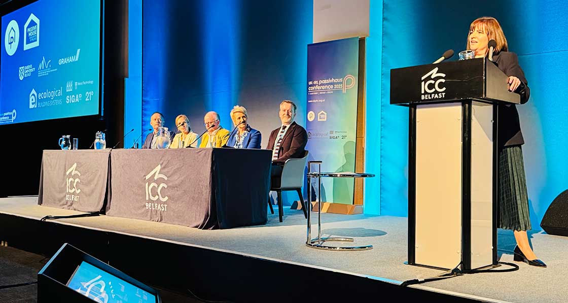 PHAI chair Caroline Ashe-Brady speaking during the opening session on passive house and the climate emergency
