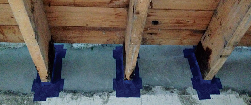 Airtightness 03Plastered up intermediate floor joists, taped to new plaster. One floorboard and upper skirting board removed to allow for plaster continuity between floors. The preservative treatment applied to joist ends is historic and is unnecessary given that the junction is now airtight and, as a result of external insulation, the entire inner leaf of the wall is retained at above 17C all year round. All risk of interstitial condensation around the joist ends is therefore eliminated.