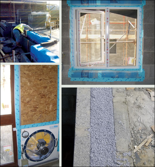 Sustainability Sells Clockwise from above) Attention to thermal performance is evident throughout Magner Development's Mallow homes. An airtightness test being conducted; a first floor joist being made airtight; a window sealed to high levels of airtightness; a cavity wall fully filled with bonded bead insulation