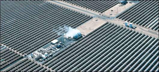 A 150 megawatt CSP plant in the Mojave desert, California. A 150 megawatt CSP plant in the Mojave desert, California. This facility is one of three separate sites within 40 miles of one another. Together these three facilities can generate about 354 megawatts at peak output, comprising most of the commercial solar power currently produced worldwide.