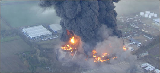 Aerial view of the explosions which occurred at the Buncefield oil storage depot, Hertfordshire, in 2005. Three years on, the depot has still not rot re-opened Aerial view of the explosions which occurred at the Buncefield oil storage depot, Hertfordshire, in 2005. Three years on, the depot has still not rot re-opened