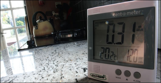A plug-in electricity meter at the house of Bernard McCabe and Fionna Fox in Dublin's inner city gives a live read out of carbon emissions, temperature and electricity costs A plug-in electricity meter at the house of Bernard McCabe and Fionna Fox in Dublin's inner city gives a live read out of carbon emissions, temperature and electricity costs