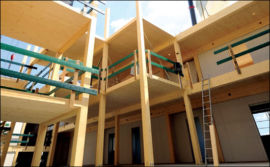 The GriffnerHaus timber frame system being erected The GriffnerHaus timber frame system being erected