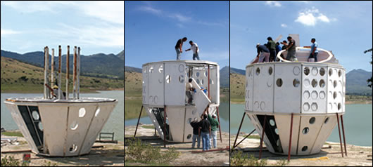 The Shelter No 2 pod was built with 90 per cent recycled content and a team of 12 can assemble it in just one day The Shelter No 2 pod was built with 90 per cent recycled content and a team of 12 can assemble it in just one day