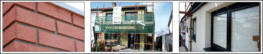 (left to right) Ecoglaze Edition 4 windows featuring a blind between the inner and middle pane; the house is externally insulated with 120mm high density Rockwool insulation; the freshly applied brick finish (left to right) Ecoglaze Edition 4 windows featuring a blind between the inner and middle pane; the house is externally insulated with 120mm high density Rockwool insulation; the freshly applied brick finish