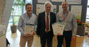 Pictured at the International Passive House Conference are (l-r) ProAir MD David McHugh, Passive House Institute founder Prof Wolfgang Feist and Smartply innovation manager David Murray, who also received passive house certification